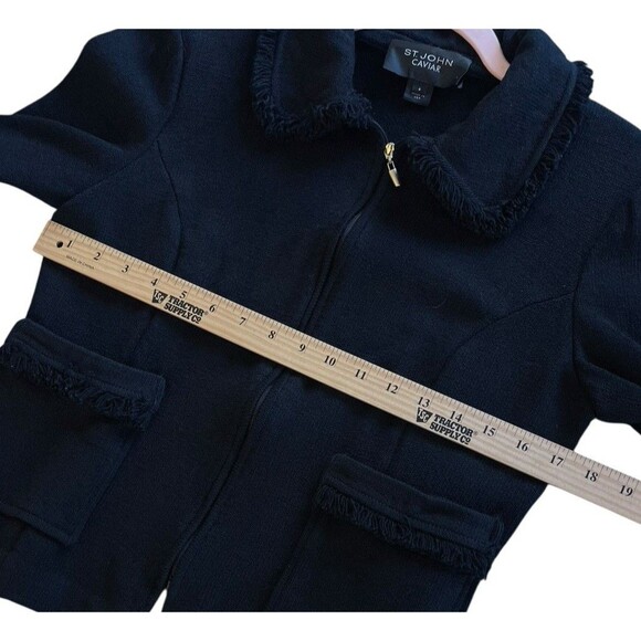 ST. JOHN CAVIAR KNIT FULL ZIP WOMENS FRINGED BLAZER BLACK CLASSY SZ 6 POCKETS - Picture 14 of 16